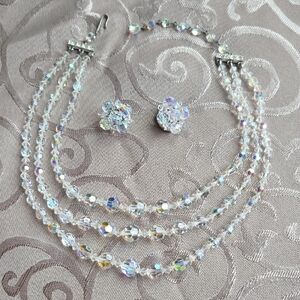 Vintage Aurora Borealis Crystal Jewelry Set- 3 Strand Necklace And Clip Earrings